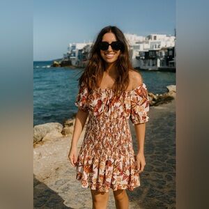 Cato Floral Mini Dress - Brown and Cream